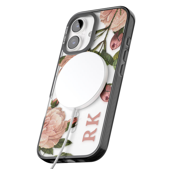 iPhone 16 Pro Max Personalised Clear Vintage Floral Pale Pink Peonies Black Impact Phone Case