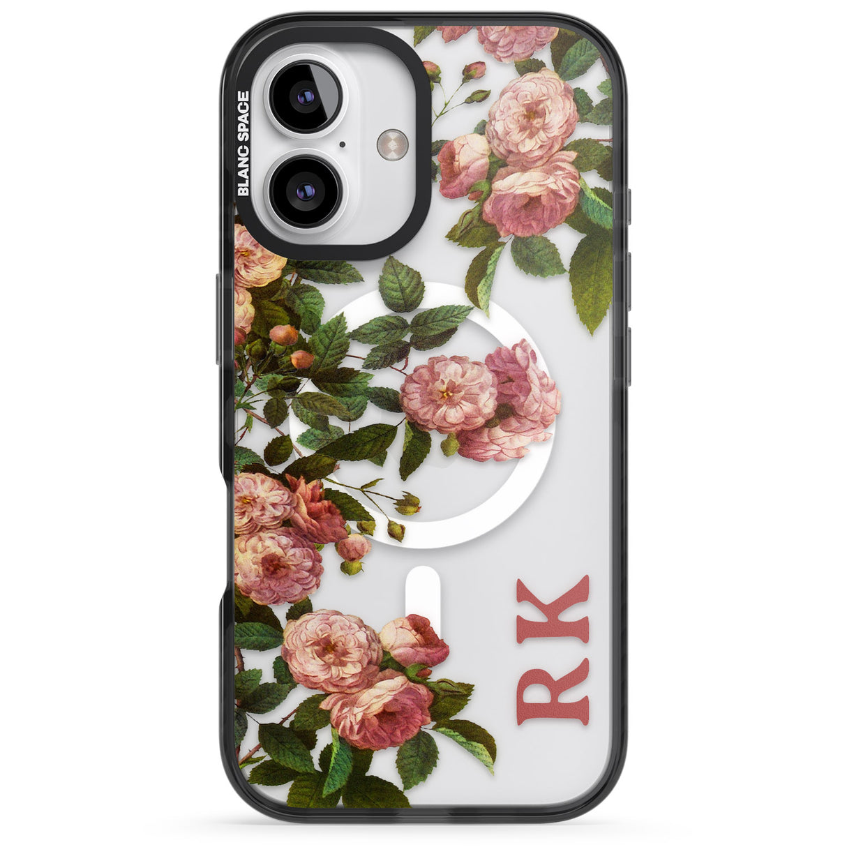 iPhone 16 Pro Max Personalised Clear Vintage Floral Pink Garden Roses Black Impact Phone Case