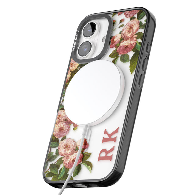 iPhone 16 Pro Max Personalised Clear Vintage Floral Pink Garden Roses Black Impact Phone Case