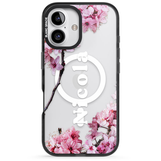 iPhone 16 Pro Max Personalised Cherry Blossoms with Text Black Impact Phone Case