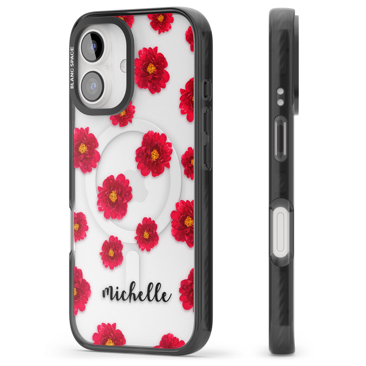 iPhone 16 Pro Max Personalised Red Peonies & Cursive Black Impact Phone Case