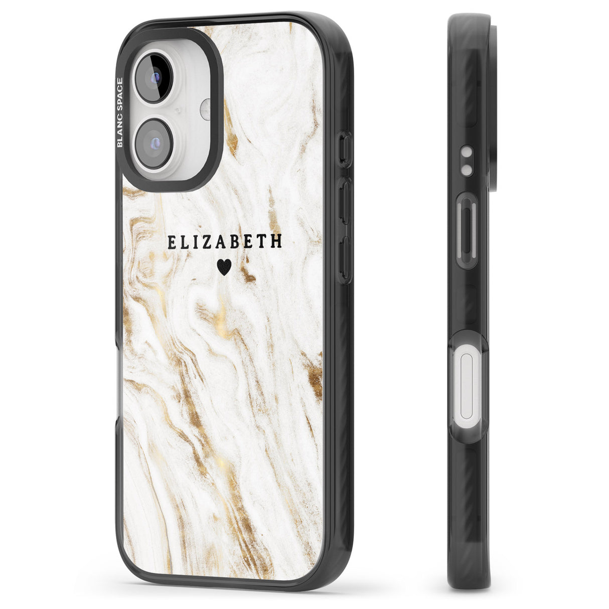 iPhone 16 Pro Max Personalised White & Gold Swirl Marble Black Impact Phone Case