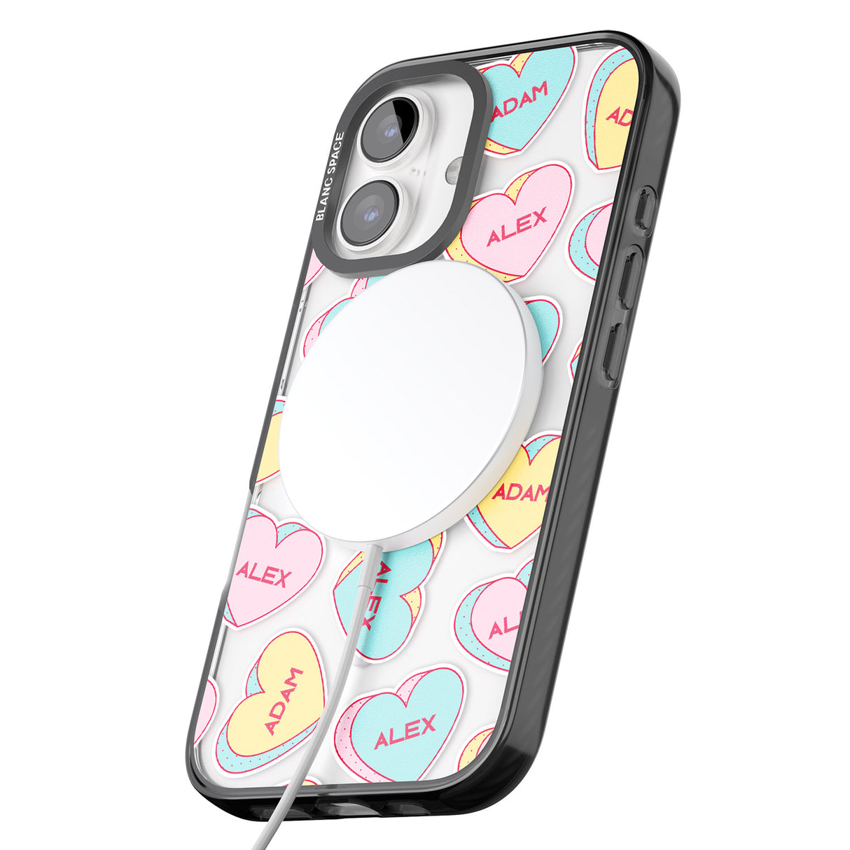 iPhone 16 Pro Max Personalised Text Love Hearts Black Impact Phone Case