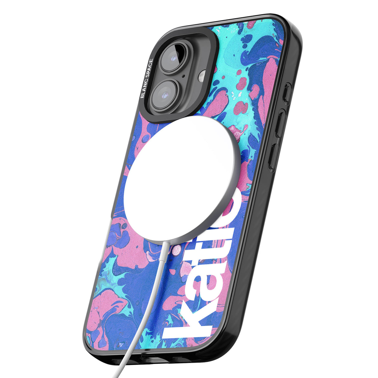 iPhone 16 Pro Max Personalised Navy, Turquoise + Purple - Marbled Black Impact Phone Case