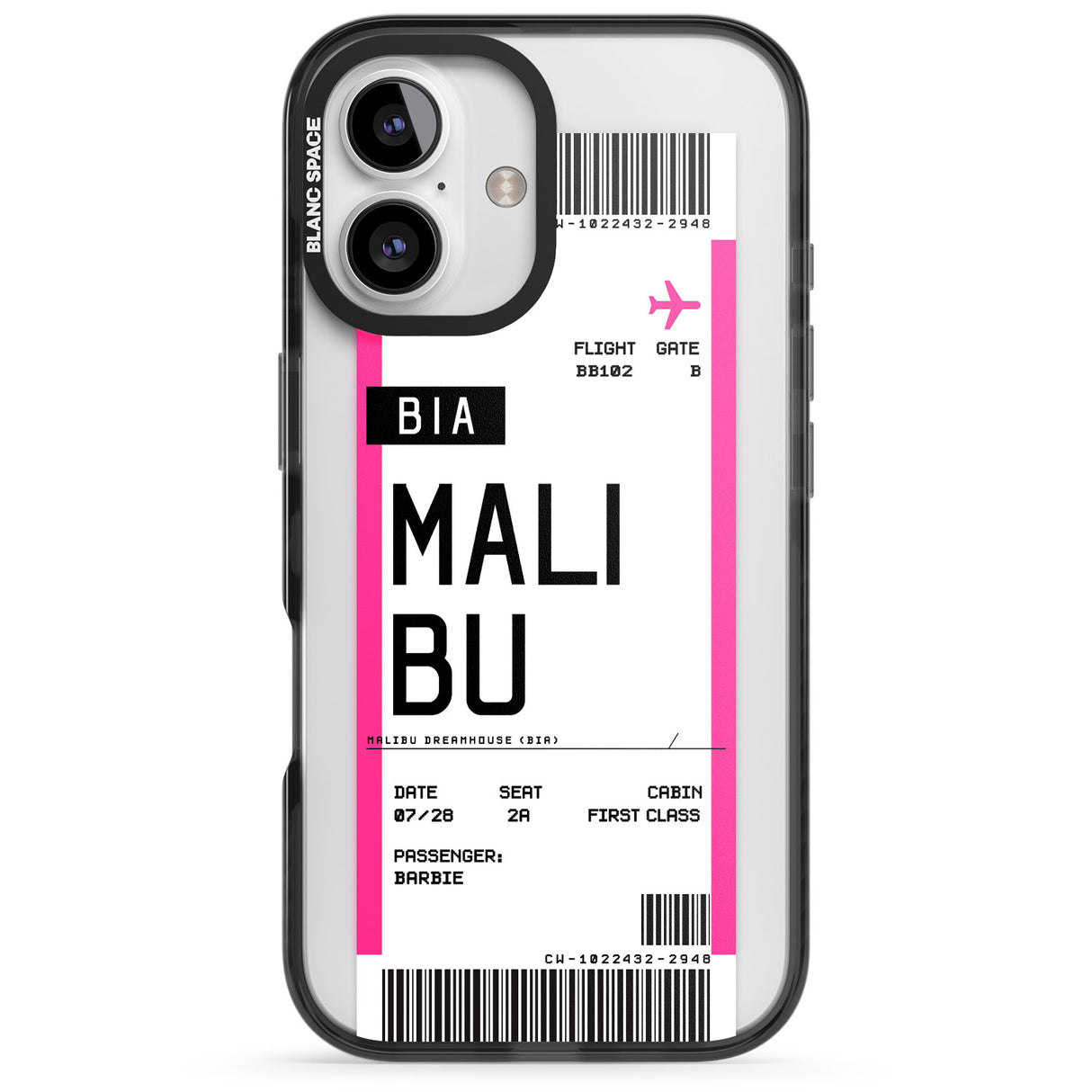 iPhone 16 Pro Max Personalised Pink Malibu Boarding Pass Black Impact Phone Case