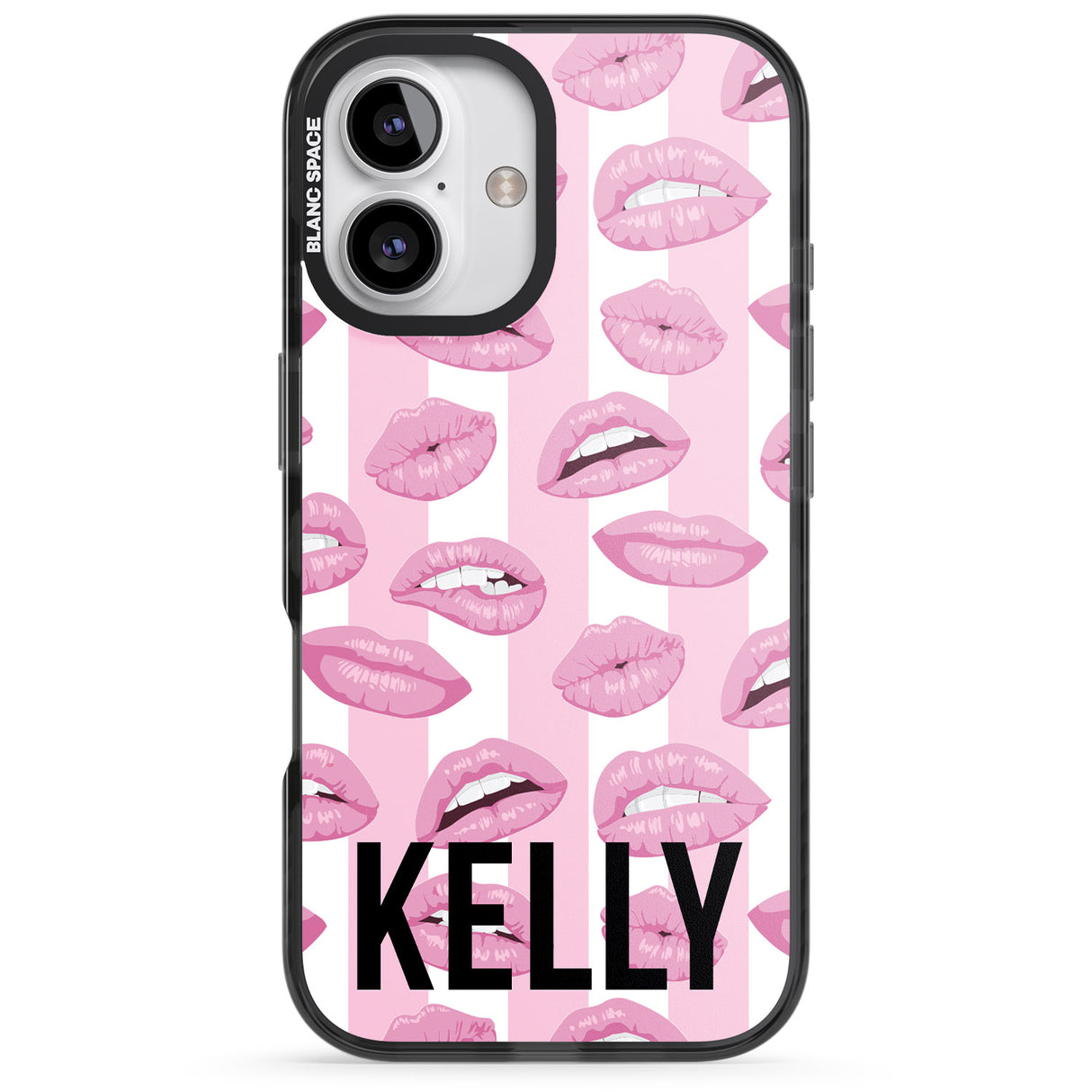 iPhone 16 Pro Max Personalised Pink Stripes & Lips Black Impact Phone Case