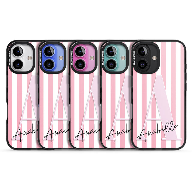 iPhone 16 Pro Max Personalised Pink Stripes & Large Monogram Black Impact Phone Case