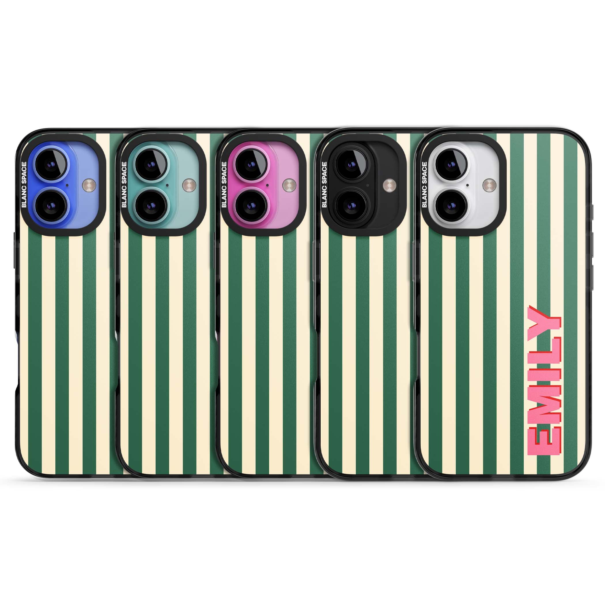 Wimbledon Stripe preppy iPhone case featuring green and cream vertical stripes with a personalised pink name | Black Impact Magsafe case for iPhone 16, iPhone 16 Plus