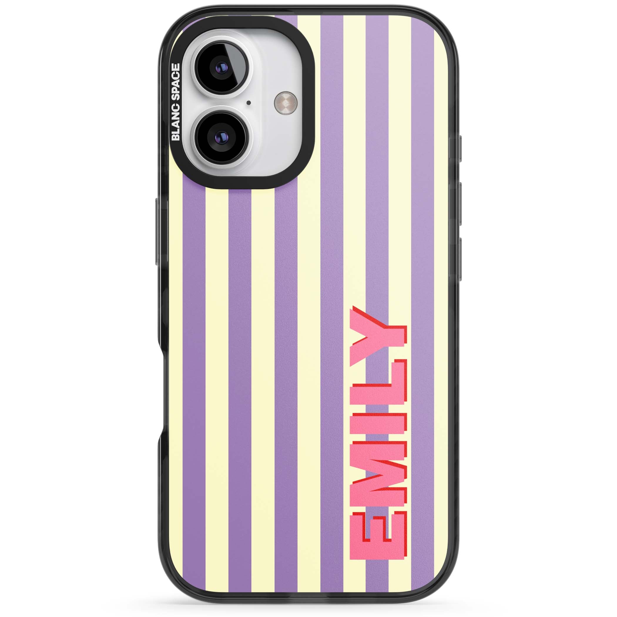 Valensole Stripe personalised iPhone case with purple and cream vertical stripes and pink custom name | Black Impact Magsafe case for iPhone 16, iPhone 16 Plus
