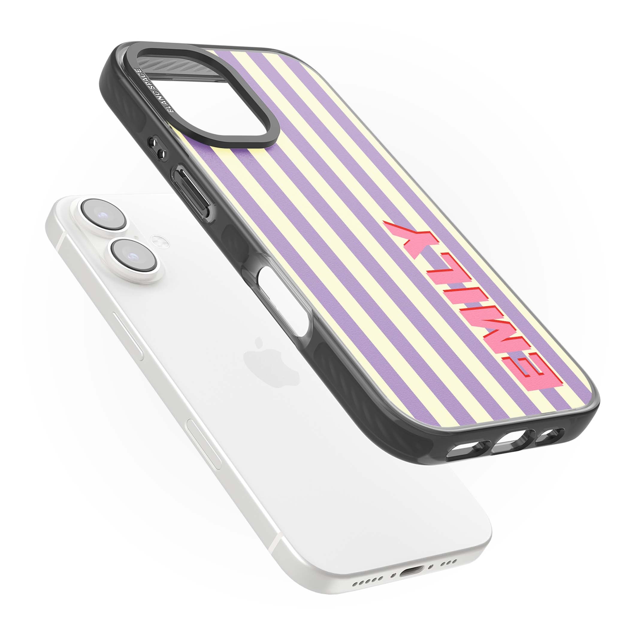 Valensole Stripe personalised iPhone case with purple and cream vertical stripes and pink custom name | Black Impact Magsafe case for iPhone 16, iPhone 16 Plus