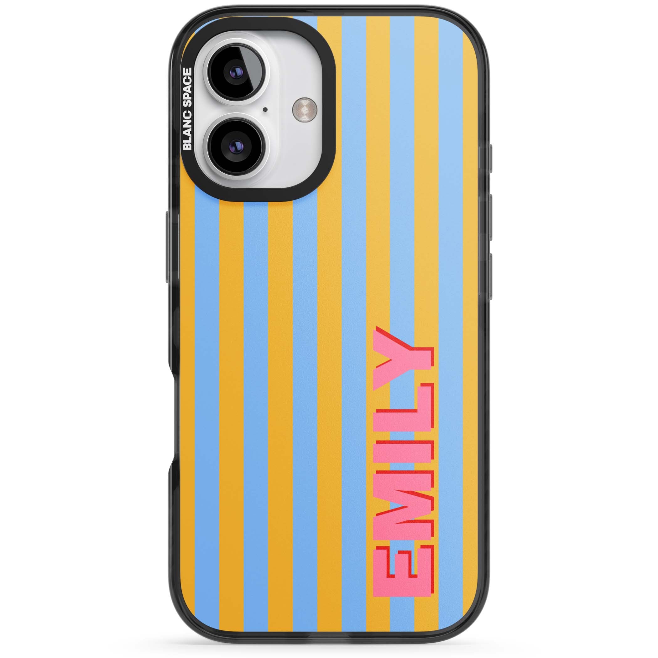 Carribean Stripe personalised coastal iPhone case with yellow and blue vertical stripes and a custom pink name | Black Impact Magsafe case for iPhone 16, iPhone 16 Plus