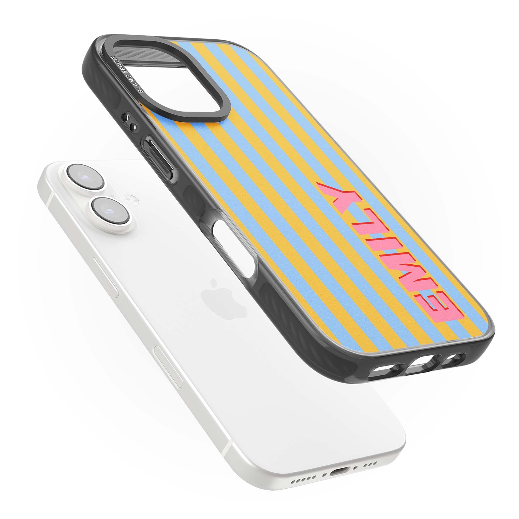 Carribean Stripe personalised coastal iPhone case with yellow and blue vertical stripes and a custom pink name | Black Impact Magsafe case for iPhone 16, iPhone 16 Plus