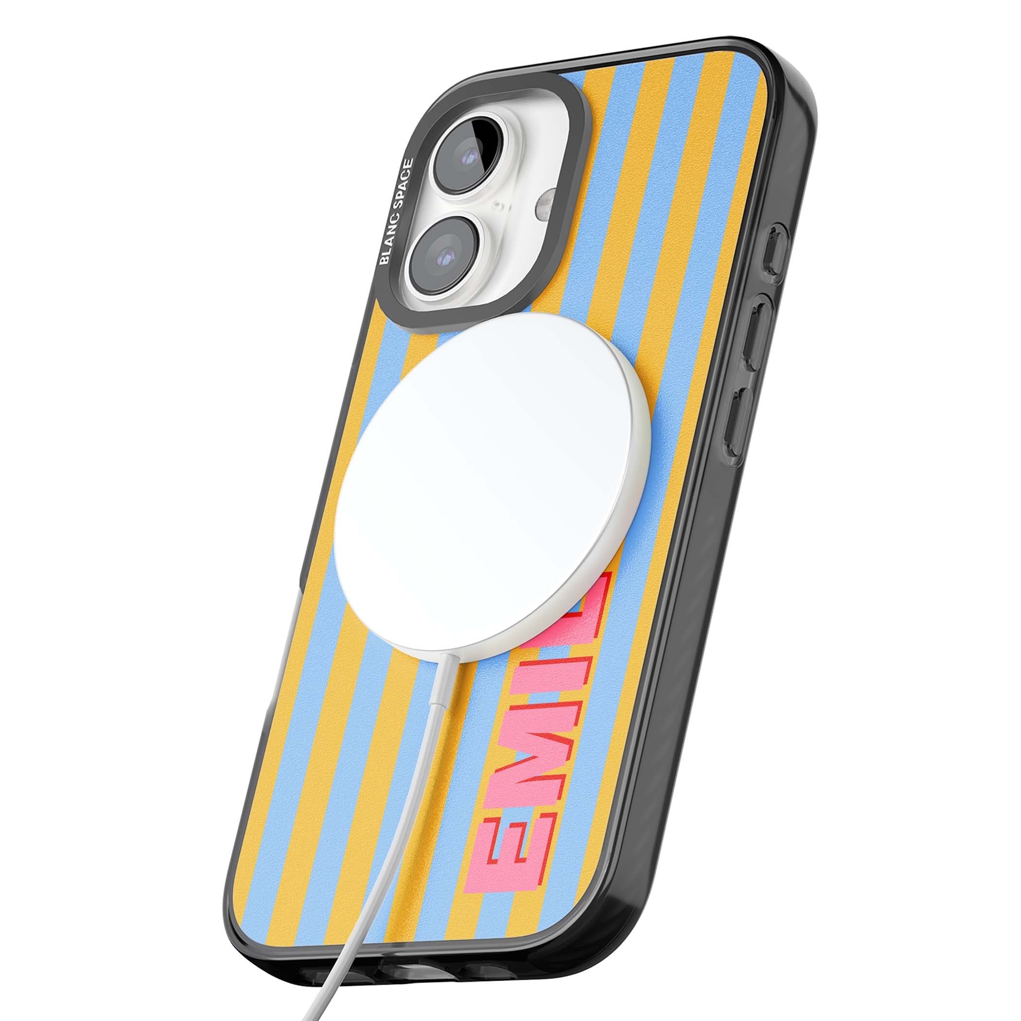 Carribean Stripe personalised coastal iPhone case with yellow and blue vertical stripes and a custom pink name | Black Impact Magsafe case for iPhone 16, iPhone 16 Plus