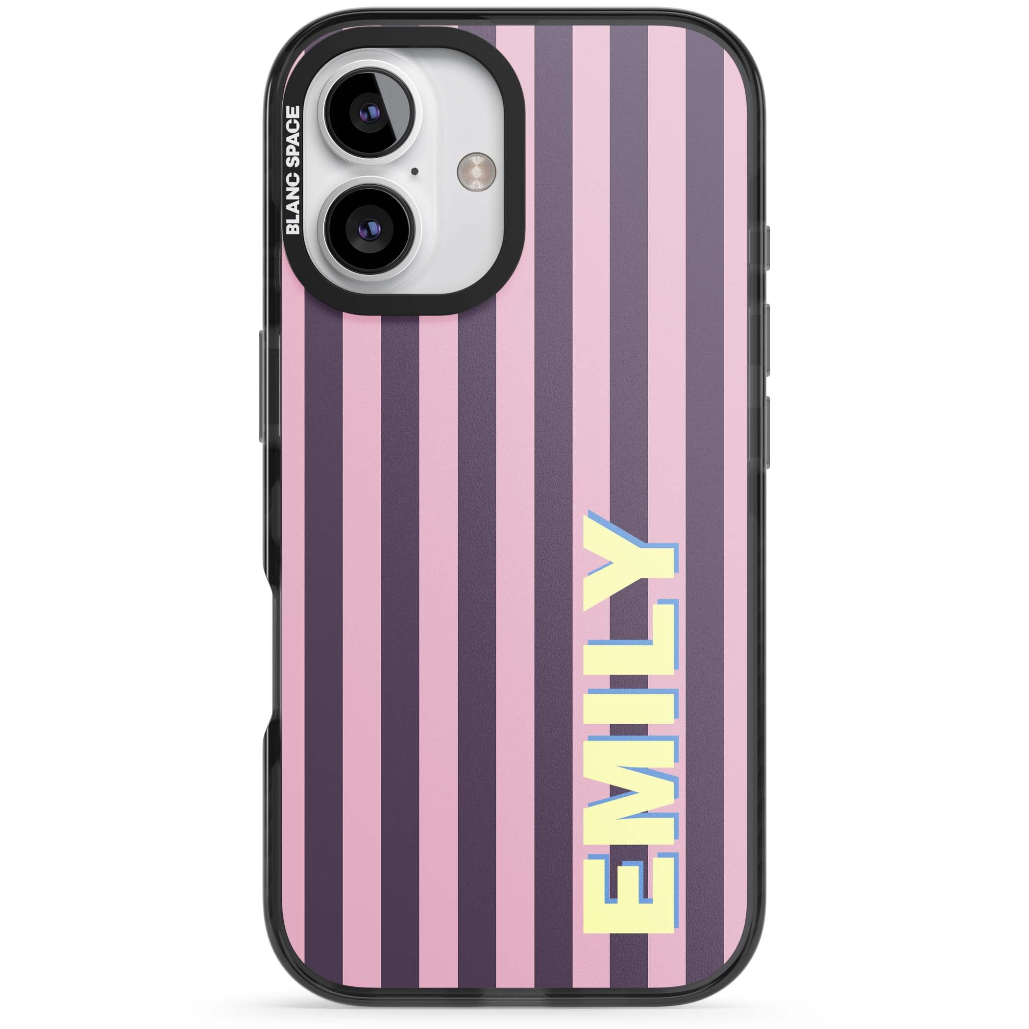 Tyre Stripe personalised stripe iPhone case with plum and pink vertical stripes and custom yellow name | Black Impact Magsafe case for iPhone 16, iPhone 16 Plus