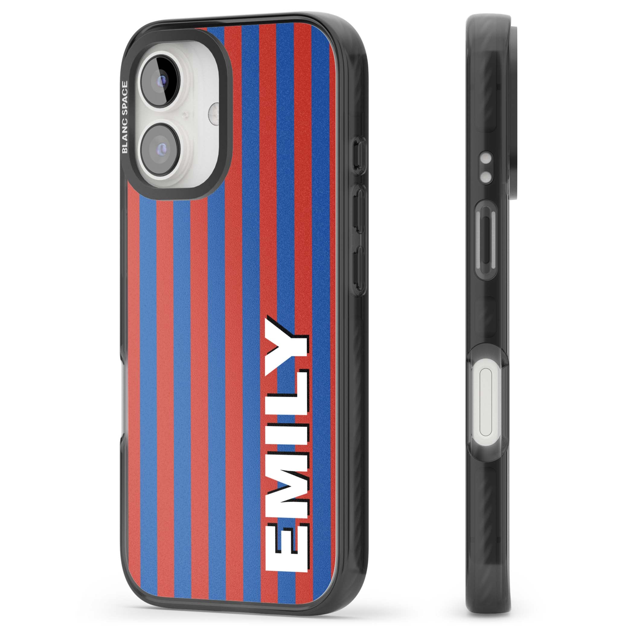 Cuban Stripe personalised iPhone case featuring red and blue vertical stripes with custom name in bold white letters | Black Impact Magsafe case for iPhone 16, iPhone 16 Plus