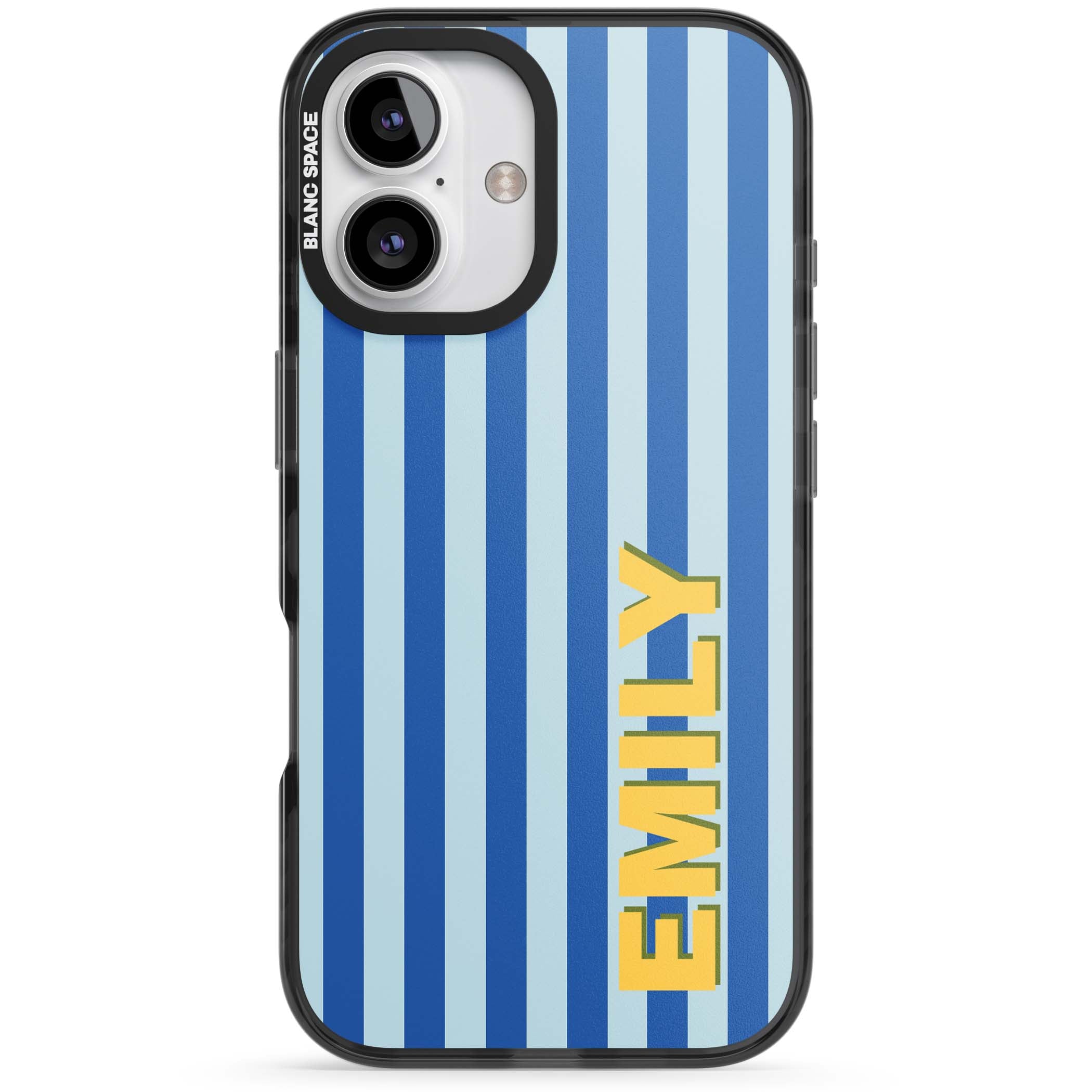 Athenian Stripe personalised preppy iPhone case featuring blue vertical stripes and a custom yellow name | Black Impact Magsafe case for iPhone 16, iPhone 16 Plus