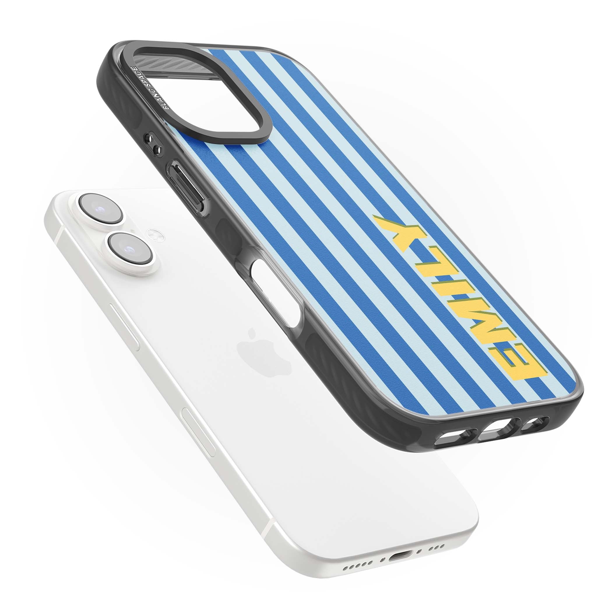 Athenian Stripe personalised preppy iPhone case featuring blue vertical stripes and a custom yellow name | Black Impact Magsafe case for iPhone 16, iPhone 16 Plus