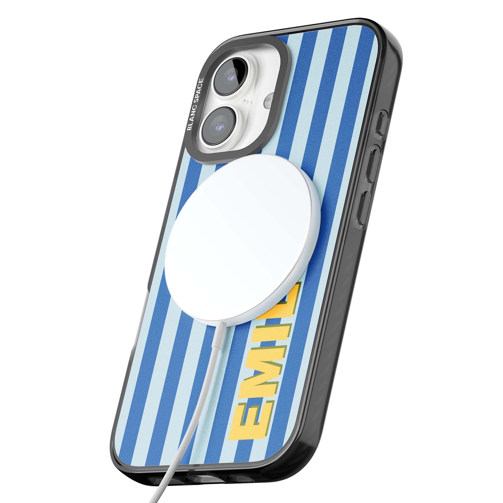 Athenian Stripe personalised preppy iPhone case featuring blue vertical stripes and a custom yellow name | Black Impact Magsafe case for iPhone 16, iPhone 16 Plus