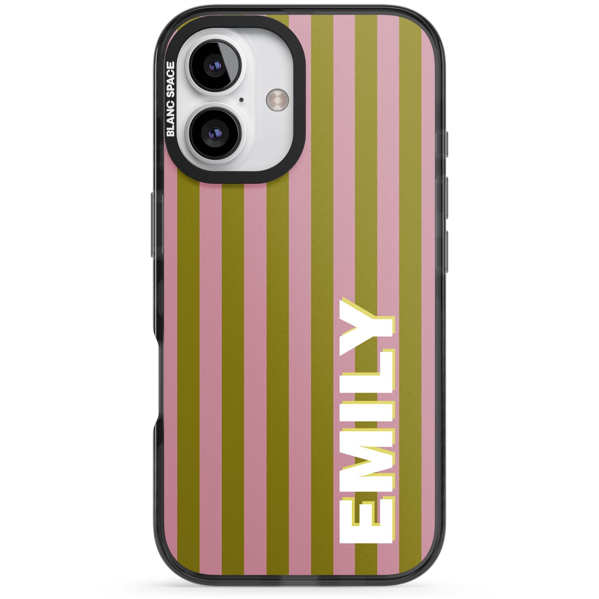Istanbul Stripe personalised iPhone case featuring pink and olive green vertical stripes with a custom vertical name | Black Impact Magsafe case for iPhone 16, iPhone 16 Plus