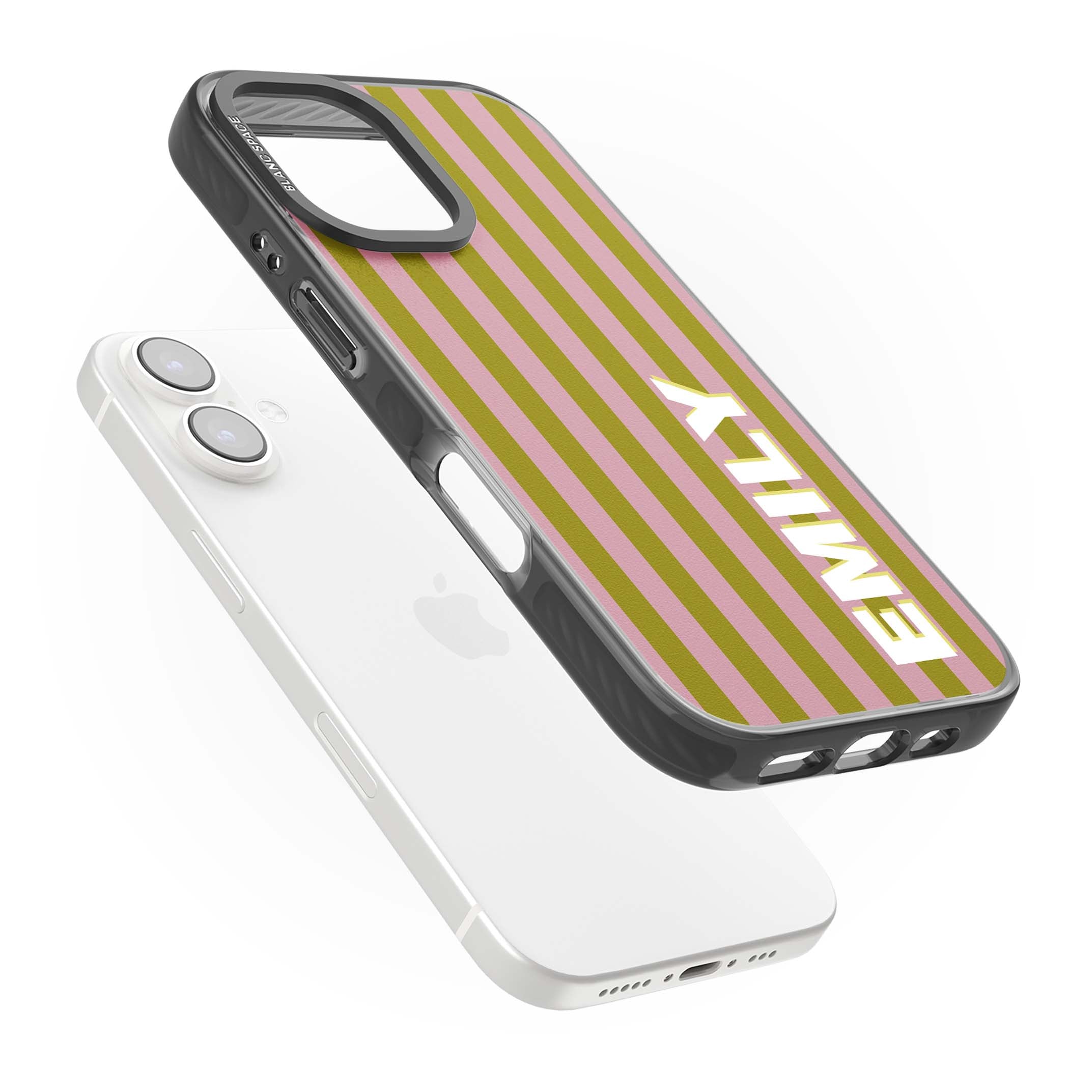 Istanbul Stripe personalised iPhone case featuring pink and olive green vertical stripes with a custom vertical name | Black Impact Magsafe case for iPhone 16, iPhone 16 Plus