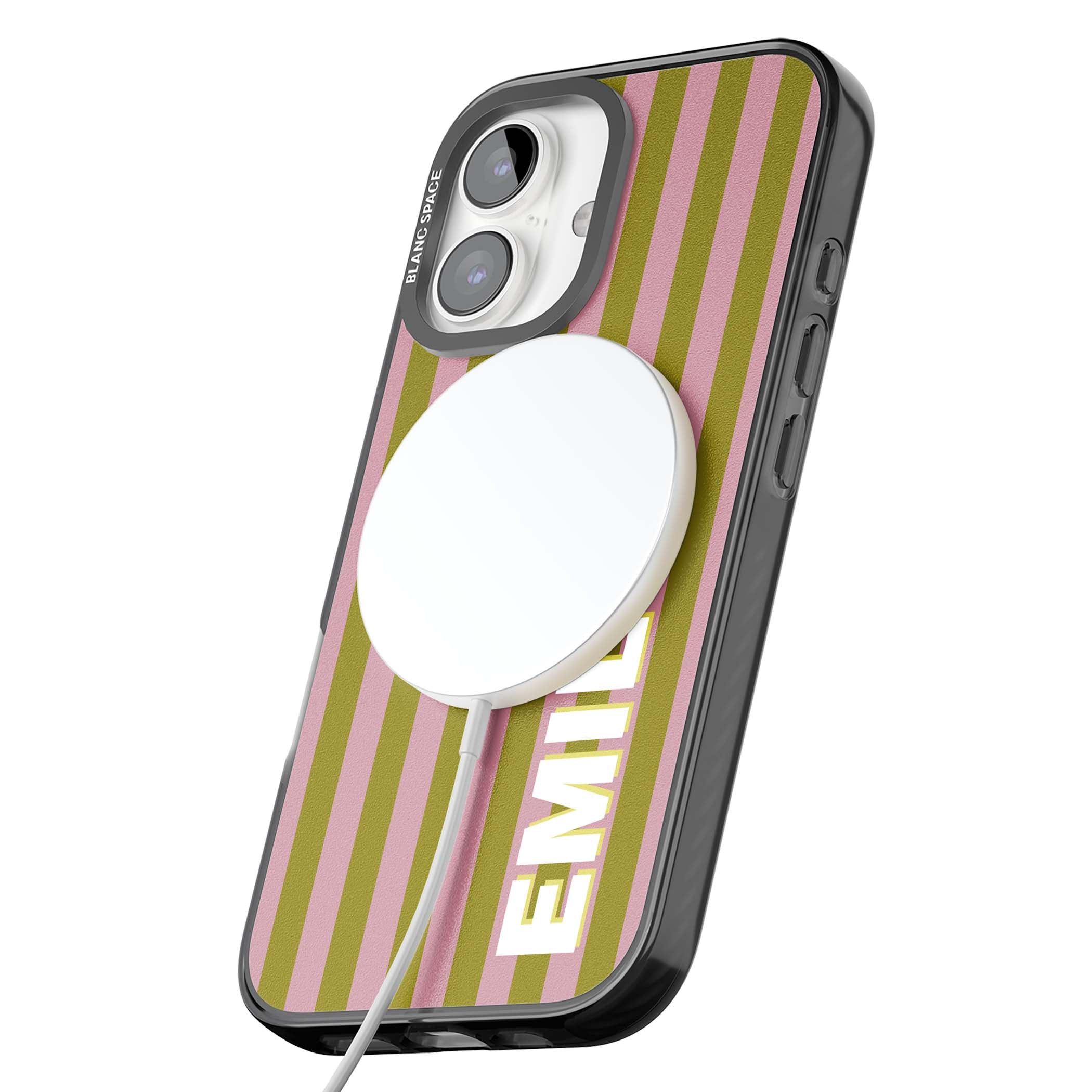 Istanbul Stripe personalised iPhone case featuring pink and olive green vertical stripes with a custom vertical name | Black Impact Magsafe case for iPhone 16, iPhone 16 Plus