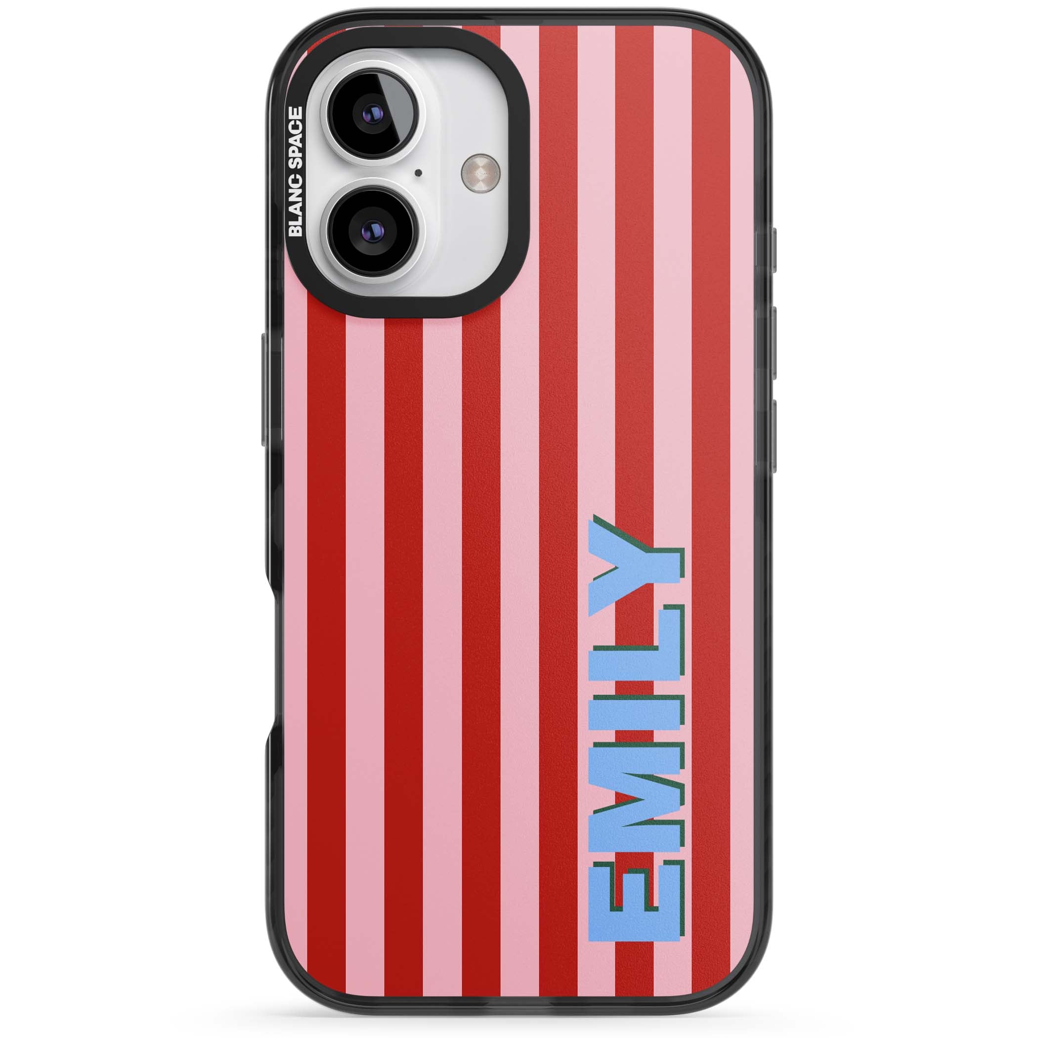 Market Stripe personalised iPhone case with red and pink vertical stripes and custom blue name | Black Impact Magsafe case for iPhone 16, iPhone 16 Plus