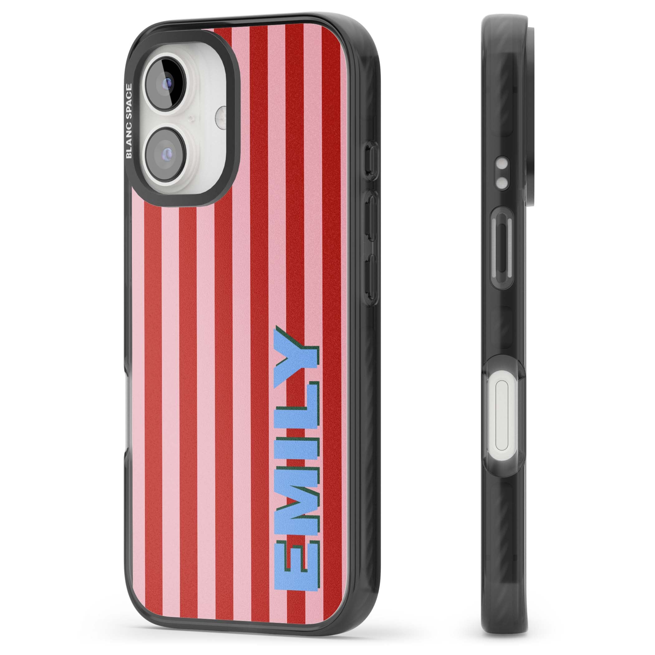 Market Stripe personalised iPhone case with red and pink vertical stripes and custom blue name | Black Impact Magsafe case for iPhone 16, iPhone 16 Plus
