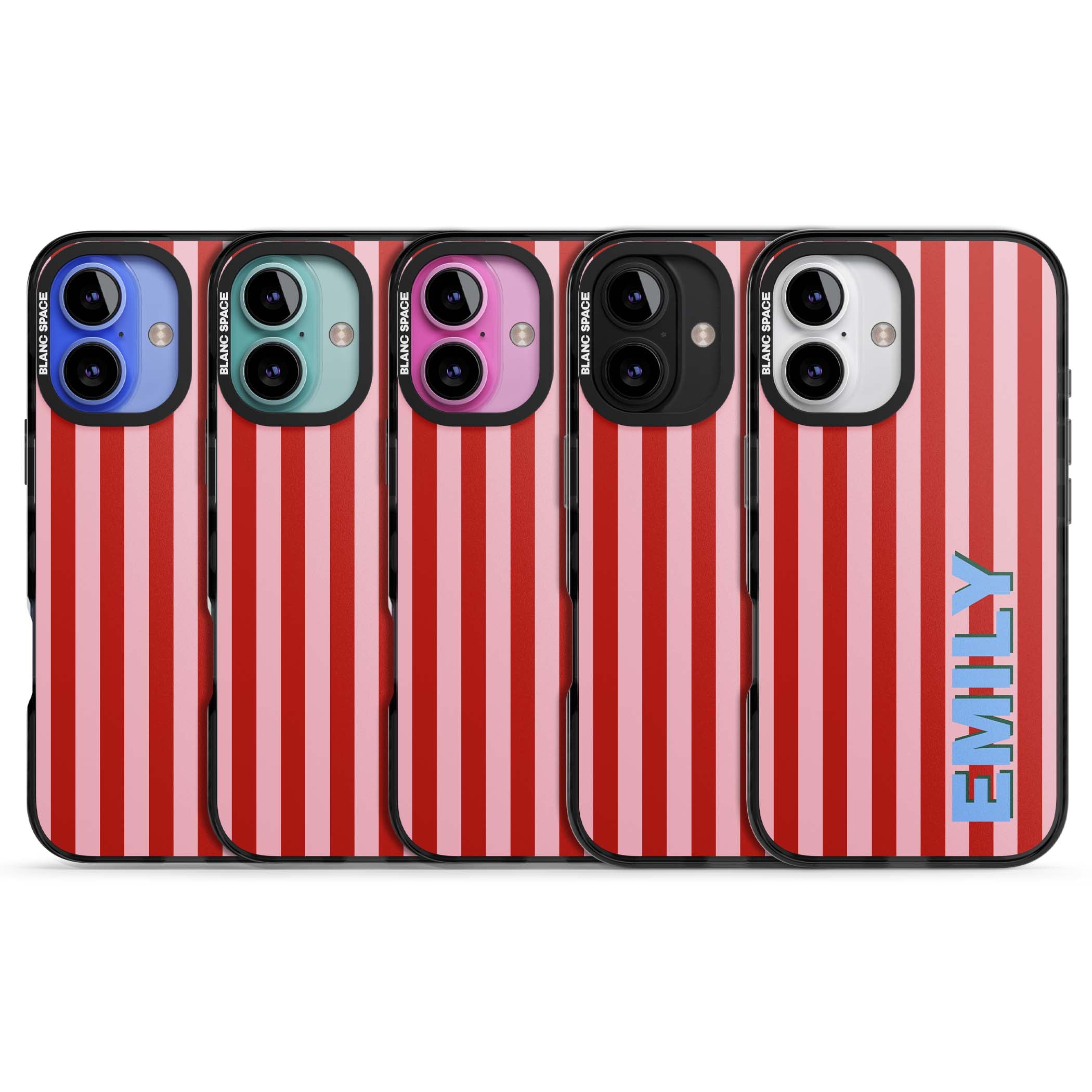 Market Stripe personalised iPhone case with red and pink vertical stripes and custom blue name | Black Impact Magsafe case for iPhone 16, iPhone 16 Plus