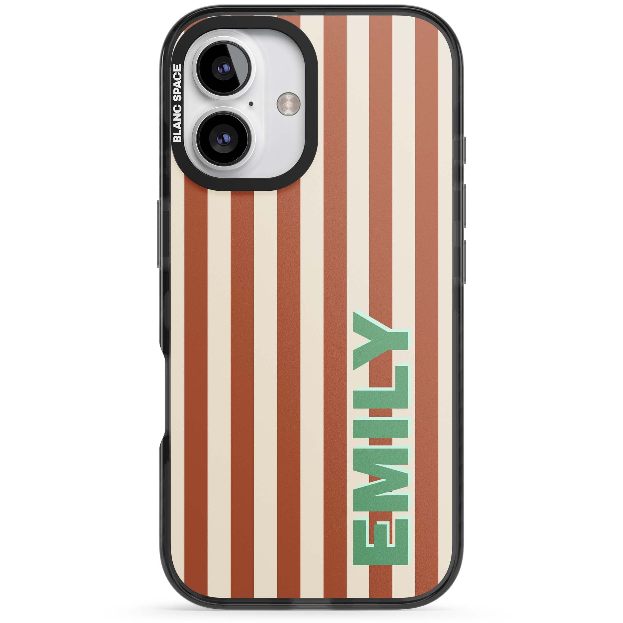 Dune Stripe personalised iPhone case with rust and cream vertical stripes and custom name in mint green | Black Impact Magsafe case for iPhone 16, iPhone 16 Plus