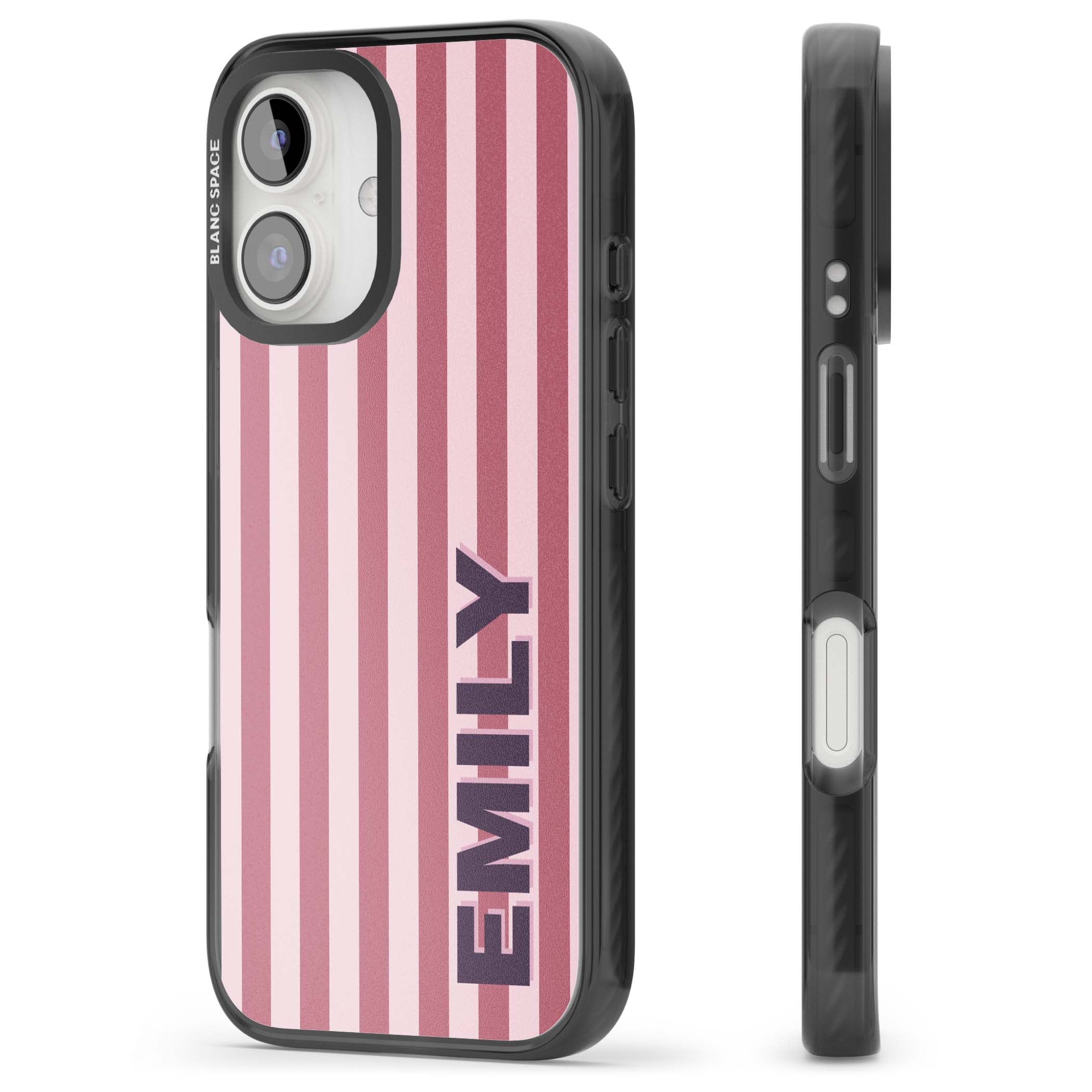 Victoria Stripe personalised iPhone case featuring pink vertical stripes and custom name in bold plum lettering | Black Impact Magsafe case for iPhone 16, iPhone 16 Plus