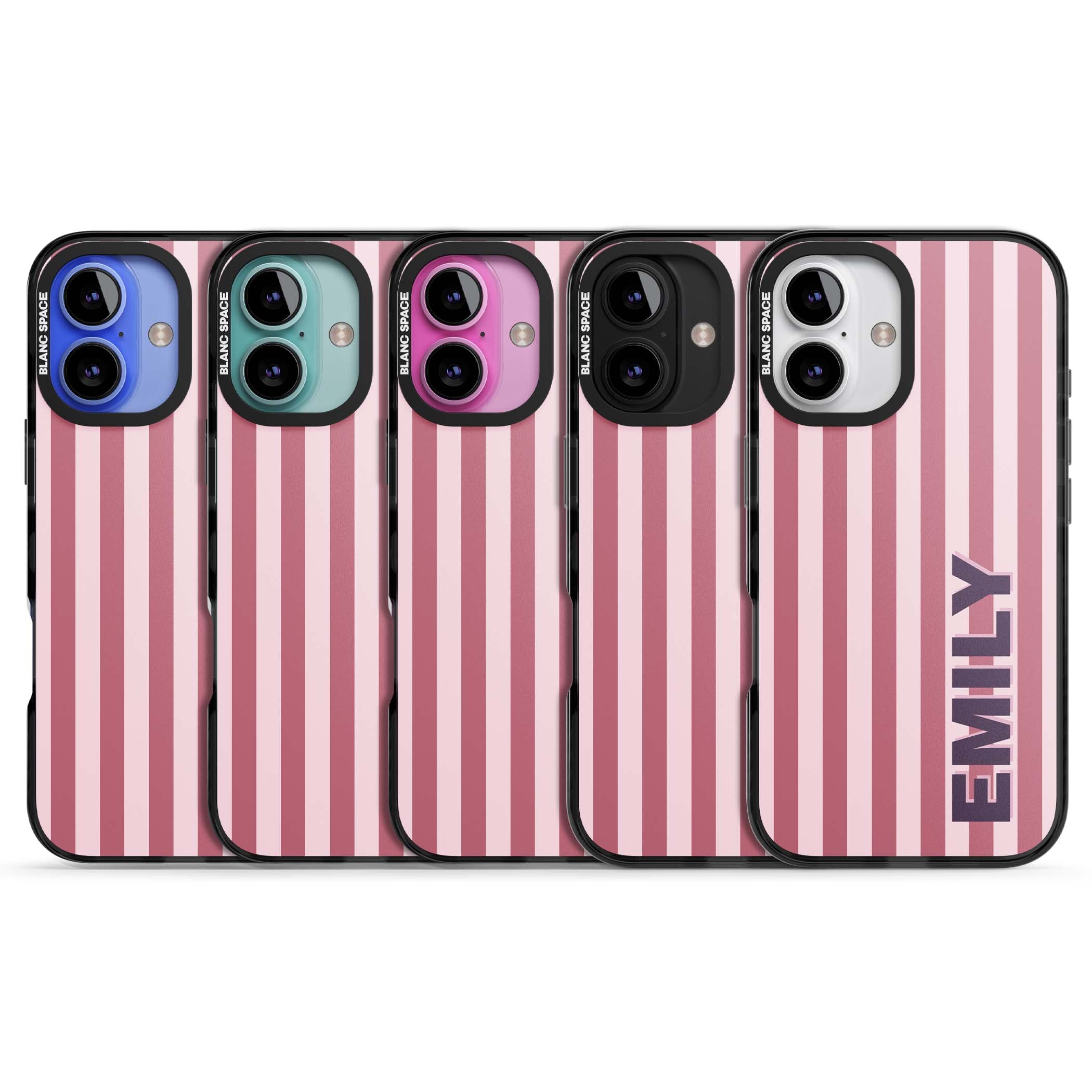 Victoria Stripe personalised iPhone case featuring pink vertical stripes and custom name in bold plum lettering | Black Impact Magsafe case for iPhone 16, iPhone 16 Plus