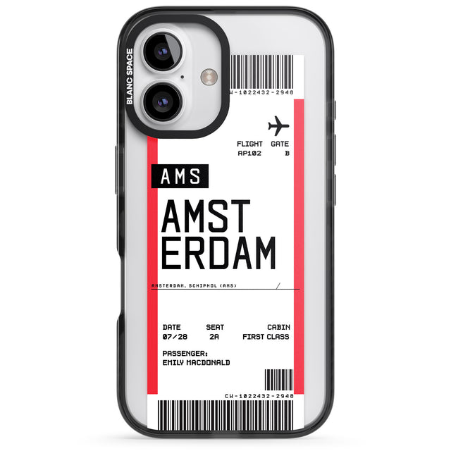 iPhone 16 Pro Max Personalised Amsterdam Boarding Pass Black Impact Phone Case