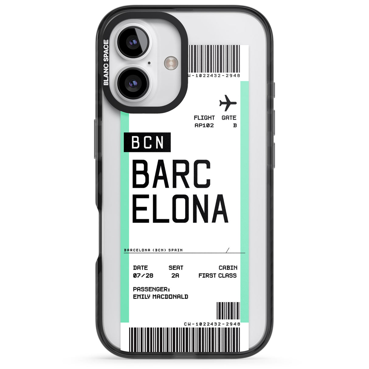 iPhone 16 Pro Max Personalised Barcelona Boarding Pass Black Impact Phone Case