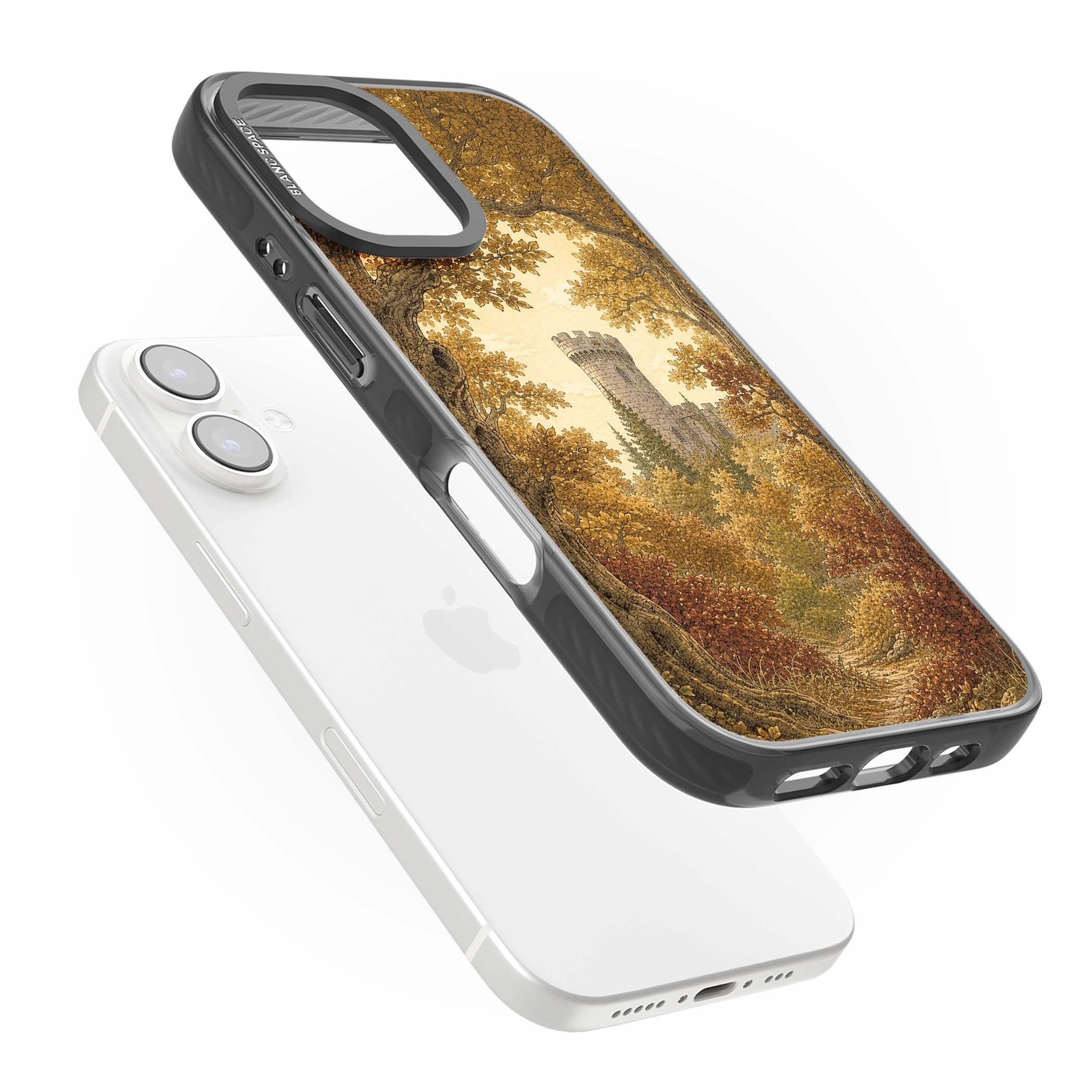 Autumn Keep cottagecore iPhone case featuring a medieval castle tower framed by golden autumn trees and woodland foliage | Black Impact Magsafe case for iPhone 16, iPhone 16 Plus
