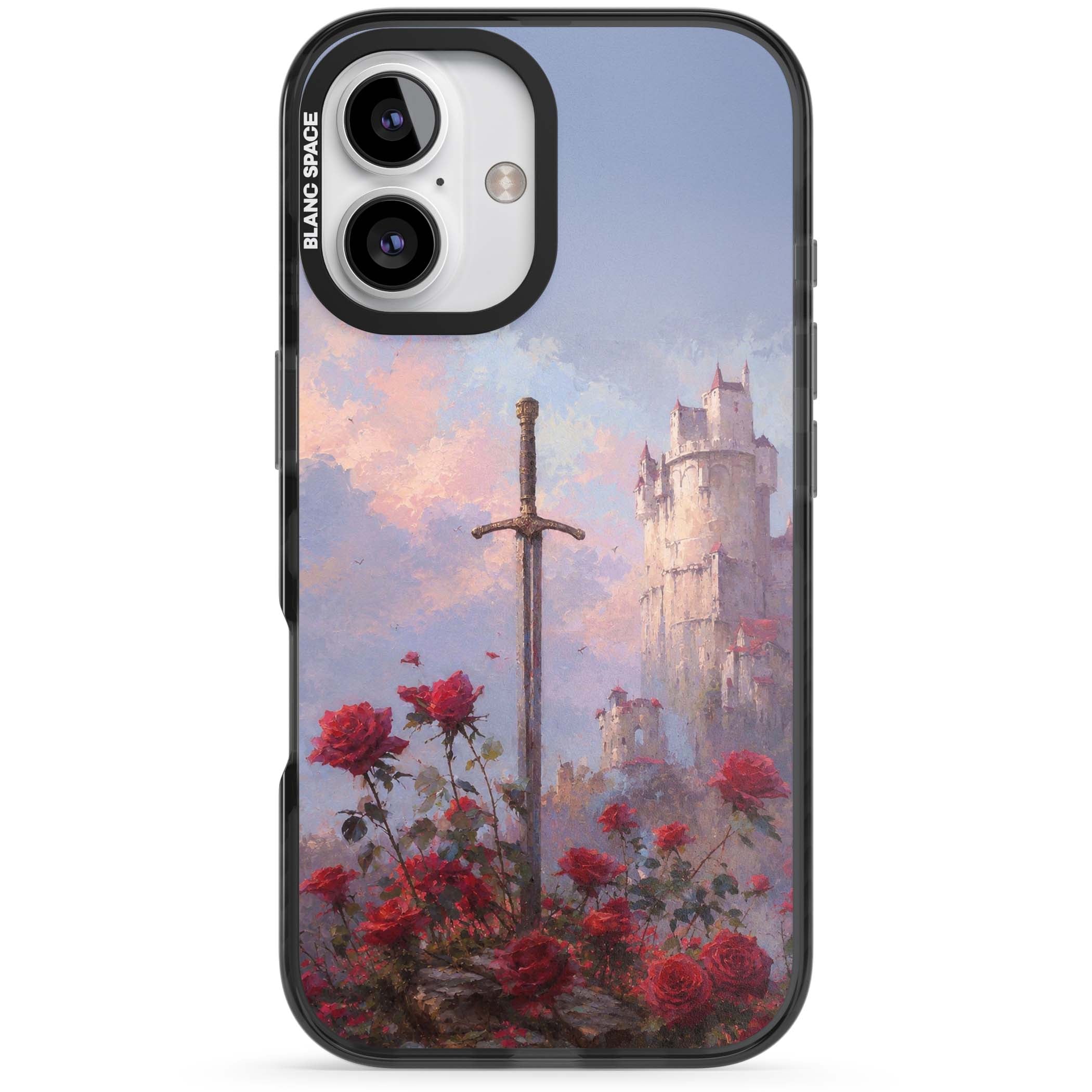 Sword in Roses medieval art iPhone case featuring a sword, red roses, and a misty fairytale castle at sunset | Black Impact Magsafe case for iPhone 16, iPhone 16 Plus