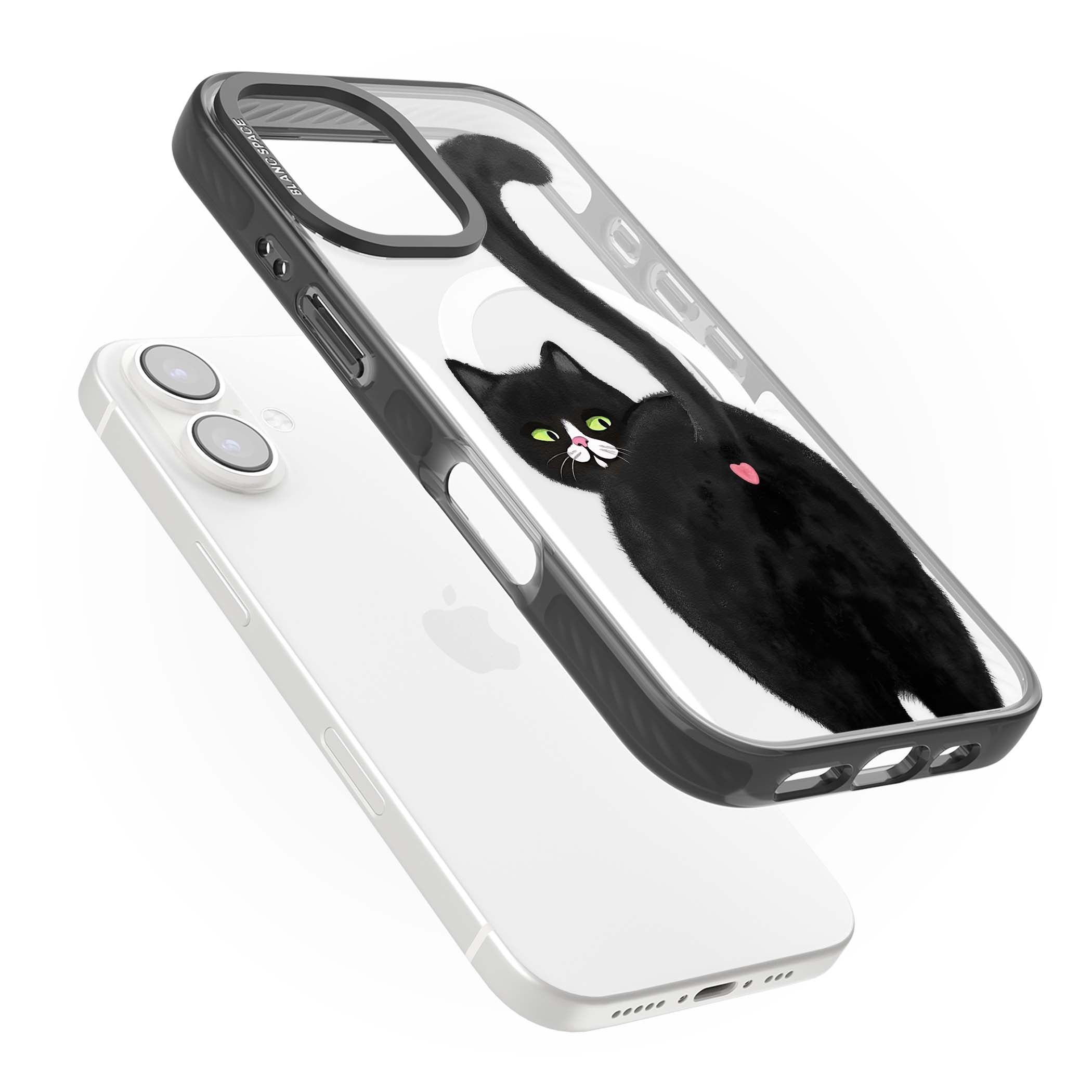 The Cat's Kiss cute cat iPhone case featuring a hand-painted tuxedo kitty with green eyes and a pink heart on a clear  | Black Impact Magsafe case for iPhone 16, iPhone 16 Plus