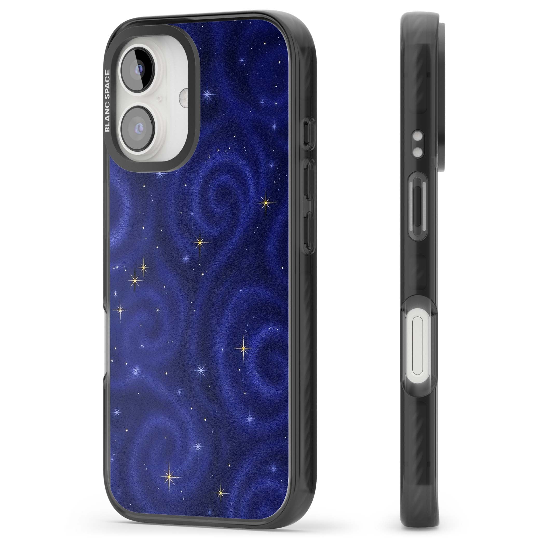 Indigo Cosmos celestial iPhone case featuring swirling navy night sky and sparkling golden stars | Black Impact Magsafe case for iPhone 16, iPhone 16 Plus