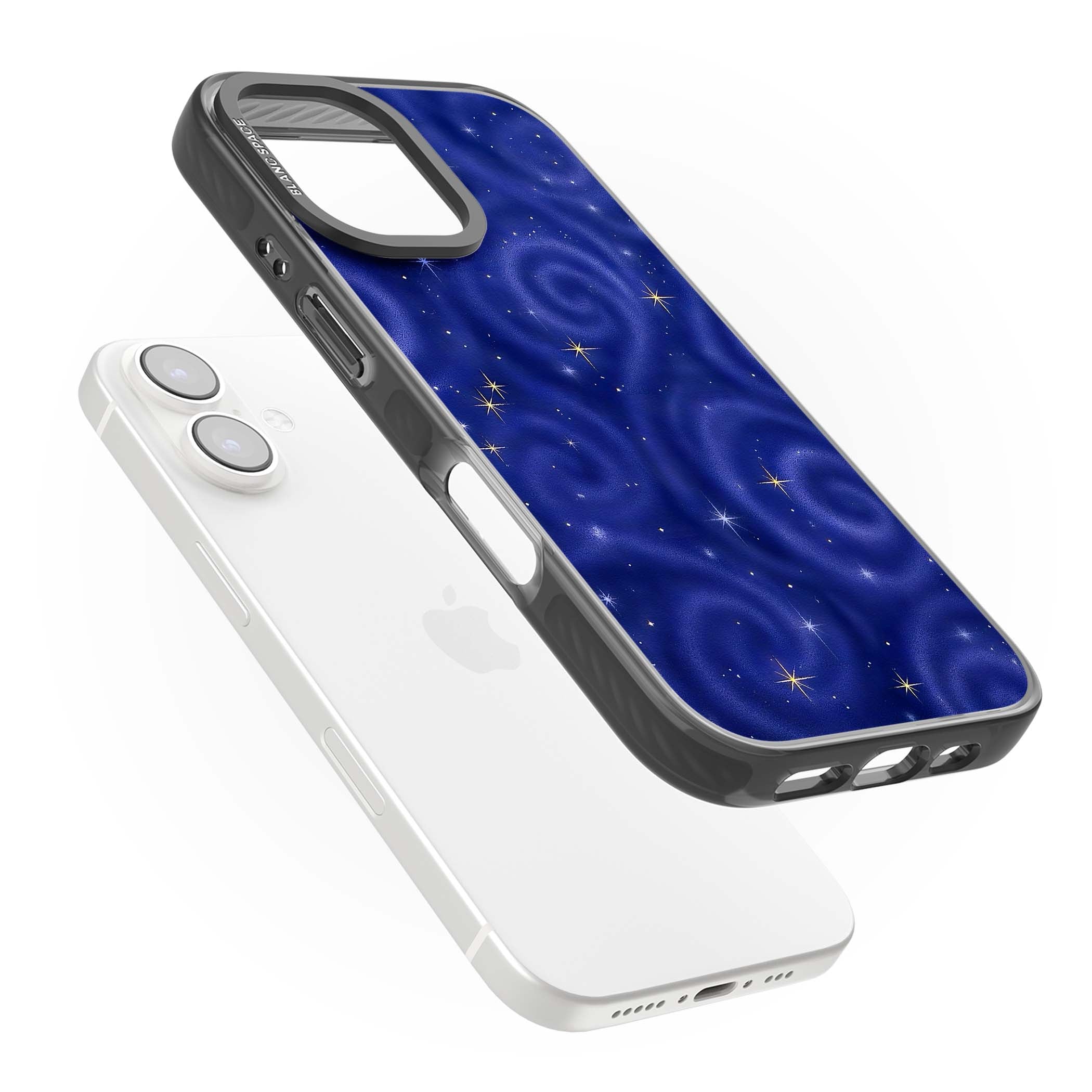 Indigo Cosmos celestial iPhone case featuring swirling navy night sky and sparkling golden stars | Black Impact Magsafe case for iPhone 16, iPhone 16 Plus