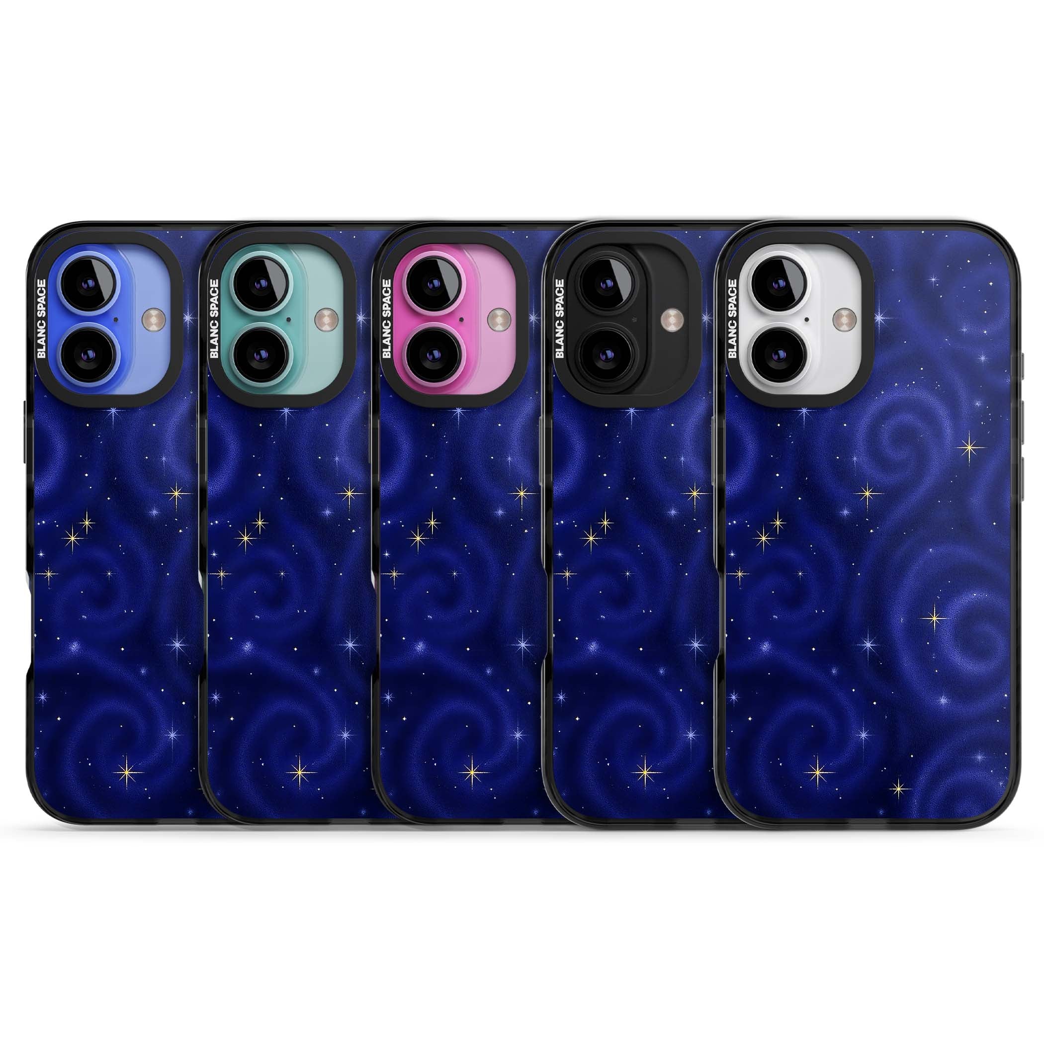 Indigo Cosmos celestial iPhone case featuring swirling navy night sky and sparkling golden stars | Black Impact Magsafe case for iPhone 16, iPhone 16 Plus
