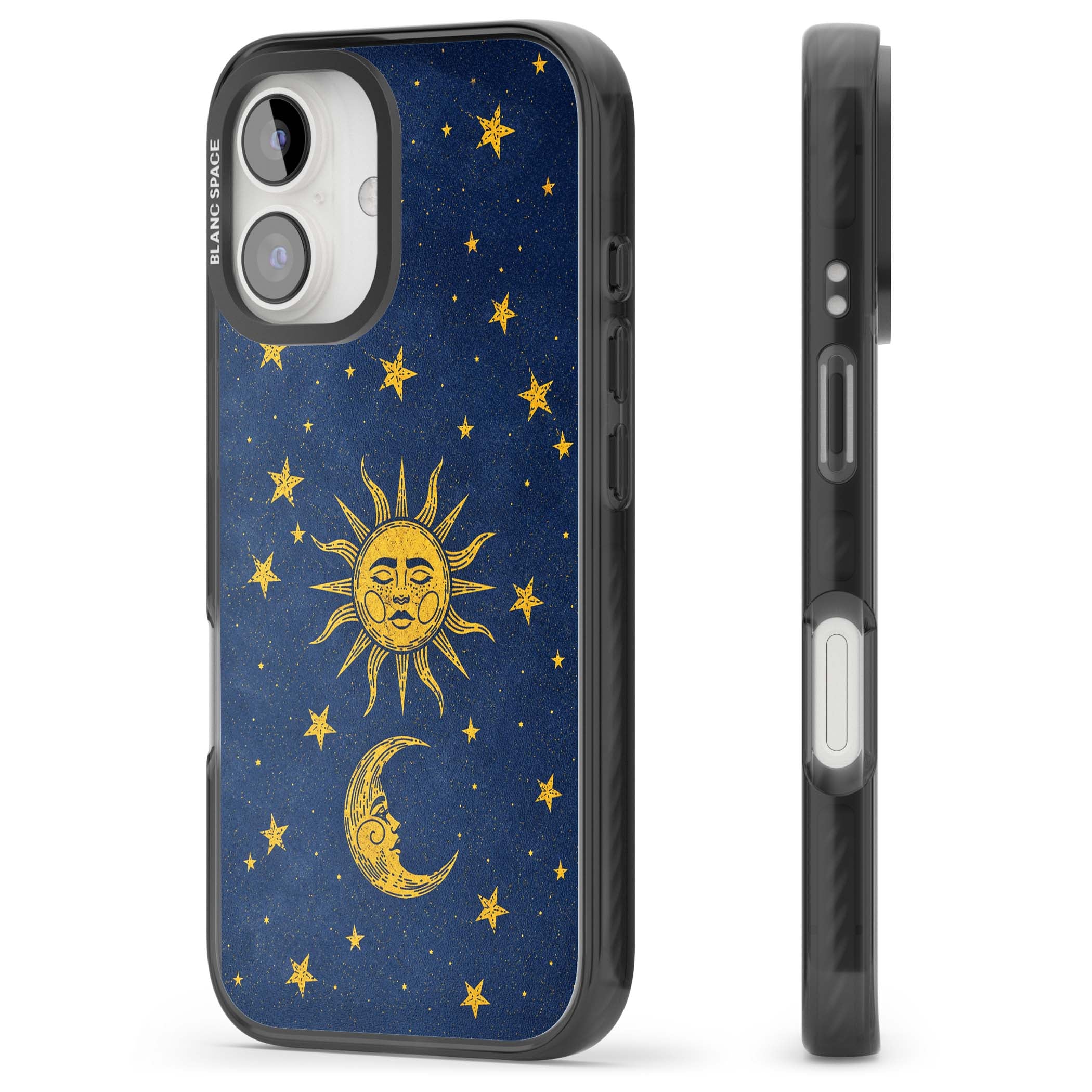 Sun & Moon Reverie celestial iPhone case featuring a vintage golden sun, crescent moon and scattered stars on midnight blue | Black Impact Magsafe case for iPhone 16, iPhone 16 Plus