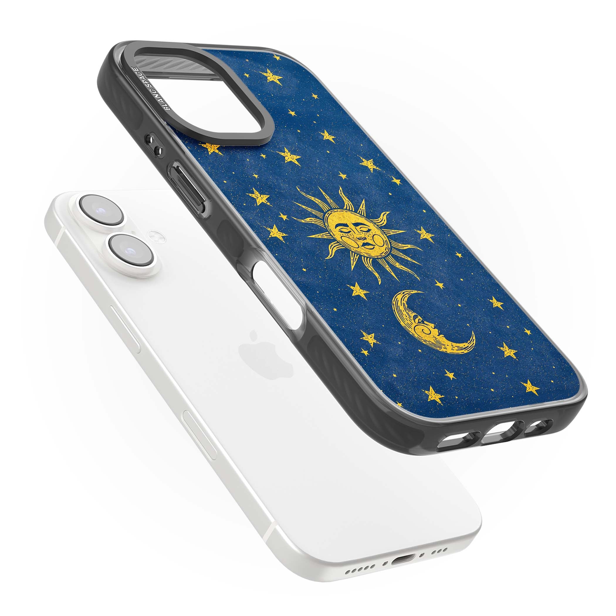 Sun & Moon Reverie celestial iPhone case featuring a vintage golden sun, crescent moon and scattered stars on midnight blue | Black Impact Magsafe case for iPhone 16, iPhone 16 Plus