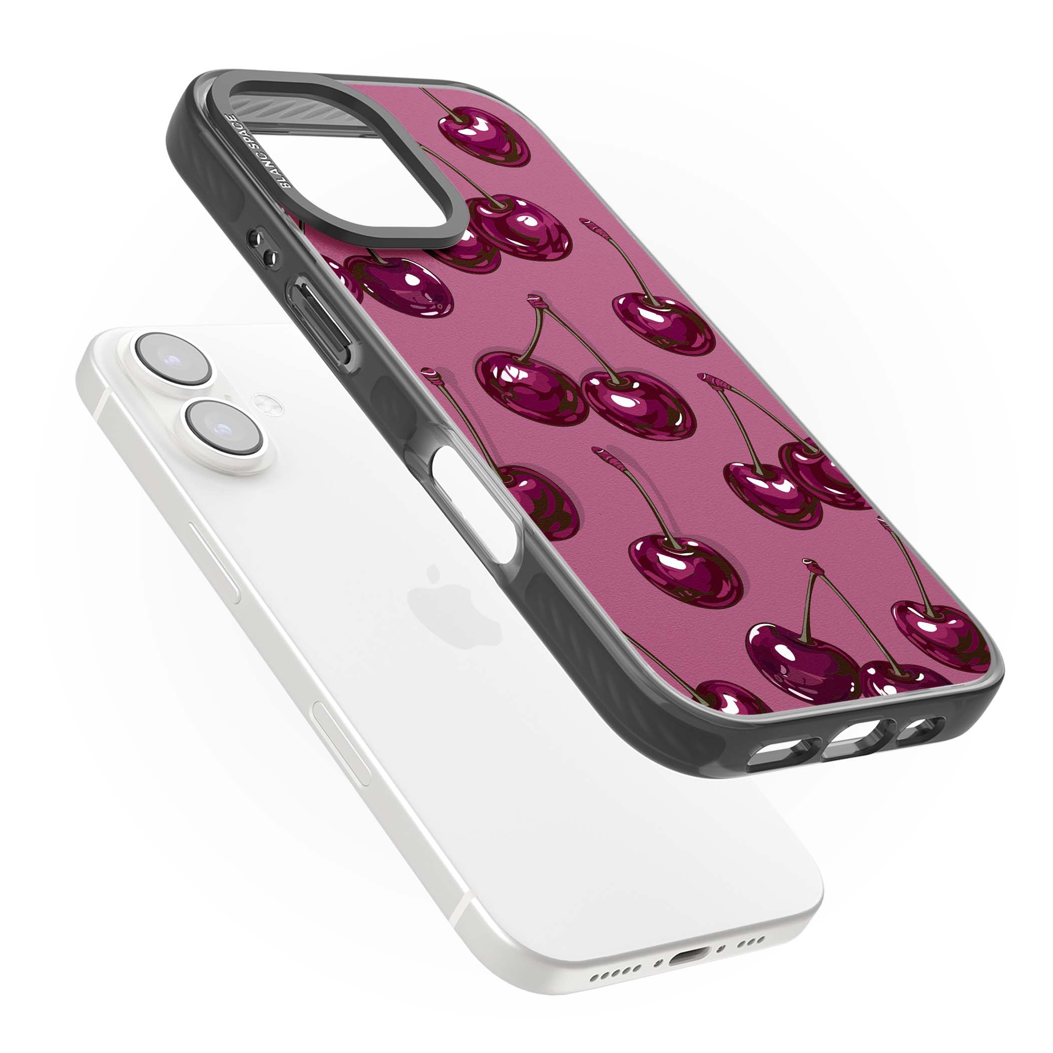 Cherry Soda coquette iPhone case featuring glossy burgundy cherries on a dusty pink background | Black Impact Magsafe case for iPhone 16, iPhone 16 Plus