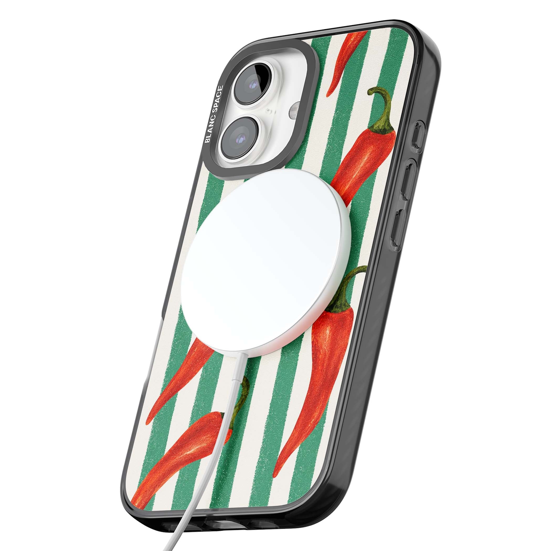 Striped Chillis coastal iPhone case featuring hand-painted red chili peppers on green and cream stripes | Black Impact Magsafe case for iPhone 16, iPhone 16 Plus