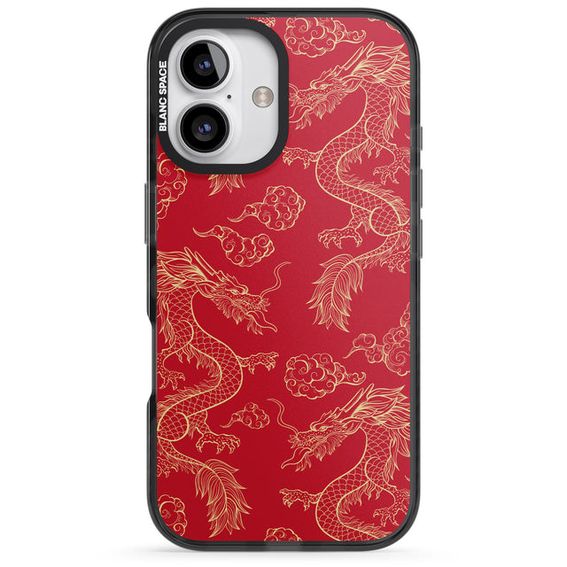 iPhone 16 Pro Max Red and Gold Dragon Pattern Black Impact Phone Case