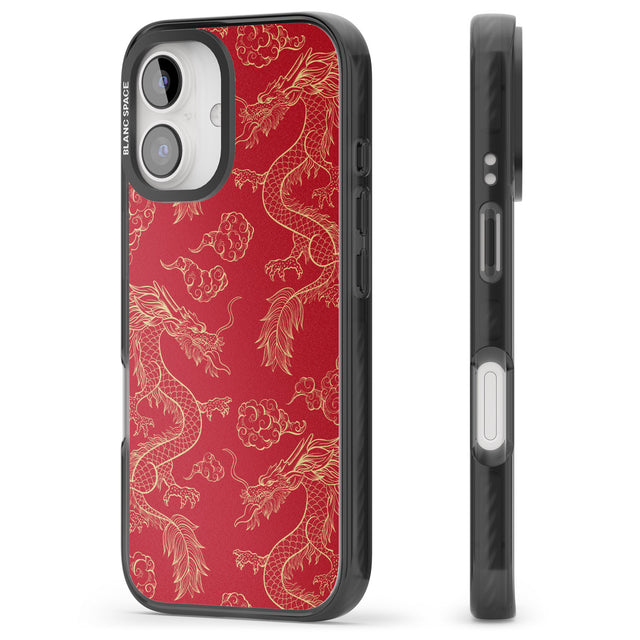 iPhone 16 Pro Max Red and Gold Dragon Pattern Black Impact Phone Case