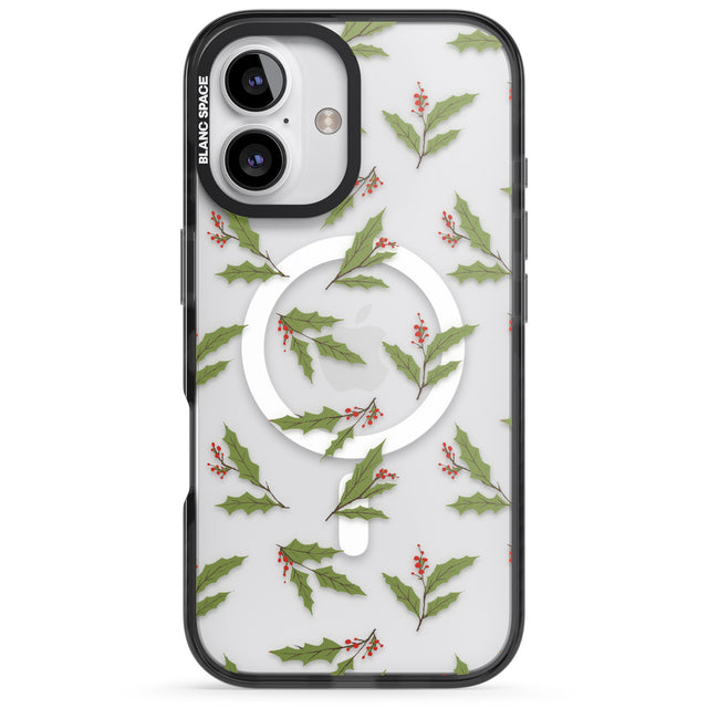 iPhone 16 Pro Max Christmas Holly Pattern Black Impact Phone Case