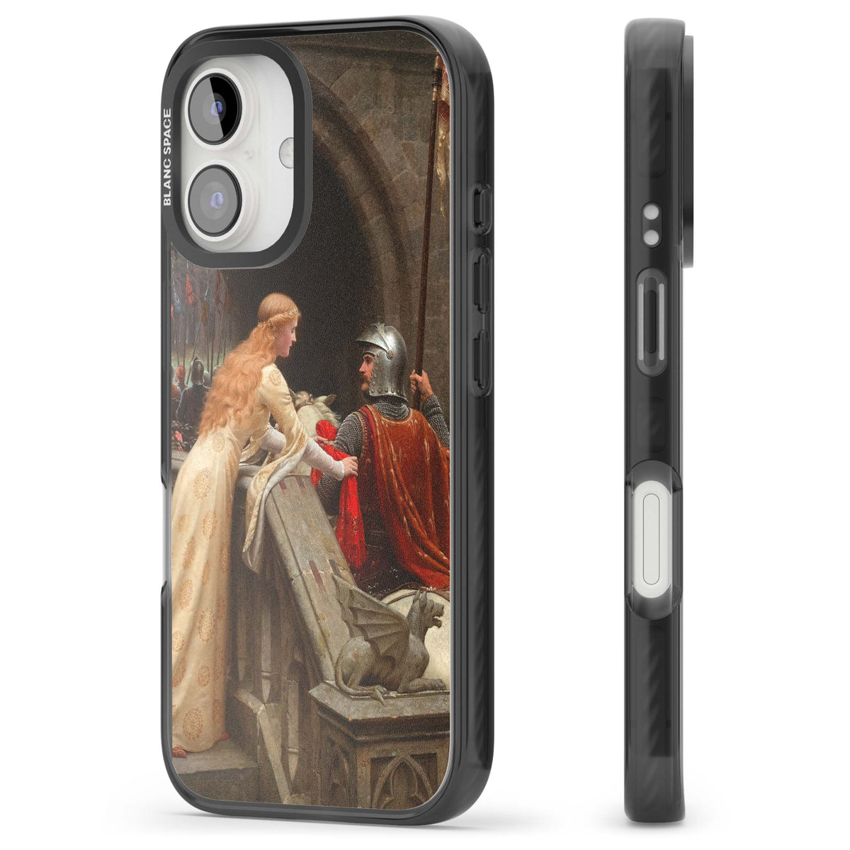 God Speed fine art iPhone case featuring Edmund Blair Leighton's medieval knight and lady beneath a stone archway | Black Impact Magsafe case for iPhone 16, iPhone 16 Plus