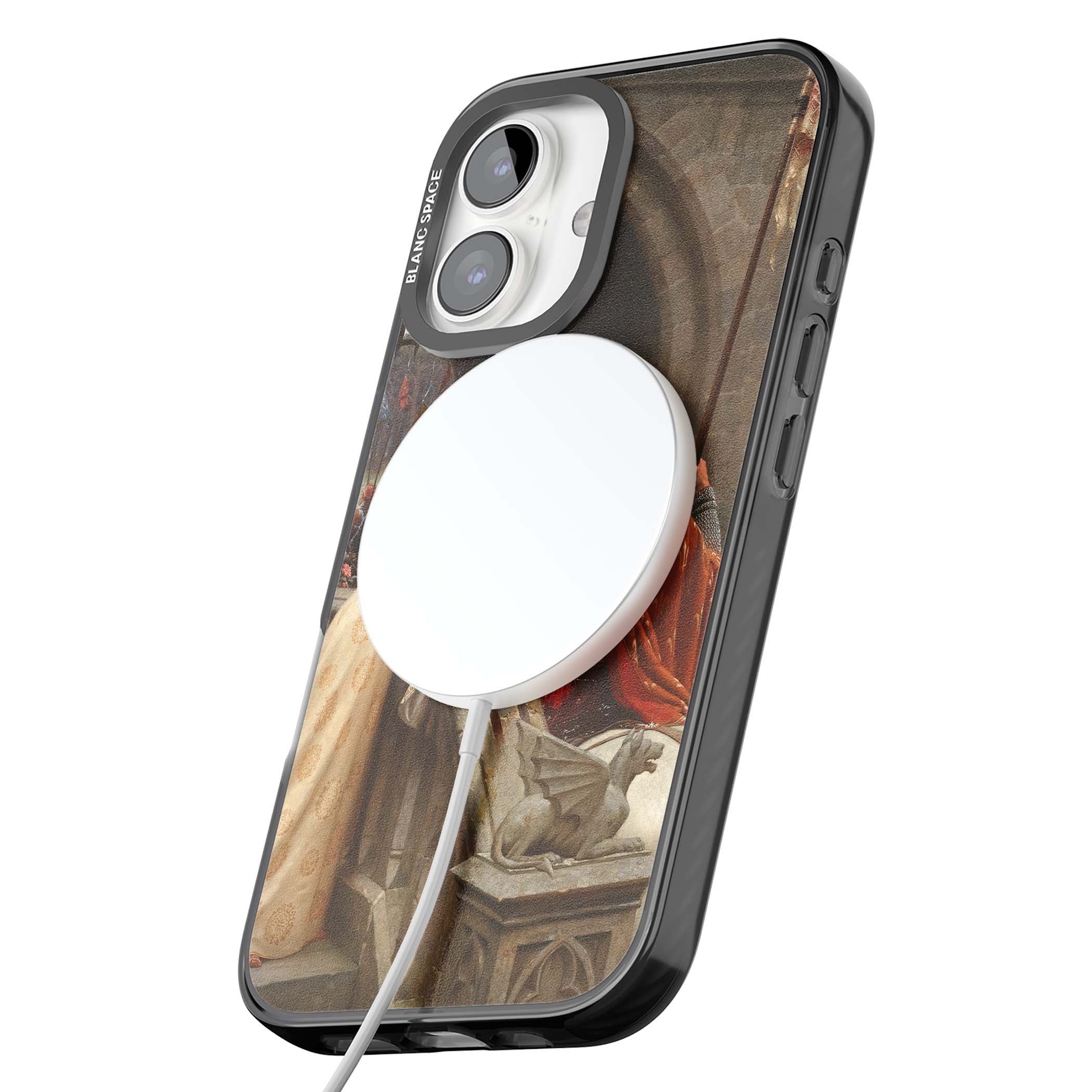 God Speed fine art iPhone case featuring Edmund Blair Leighton's medieval knight and lady beneath a stone archway | Black Impact Magsafe case for iPhone 16, iPhone 16 Plus