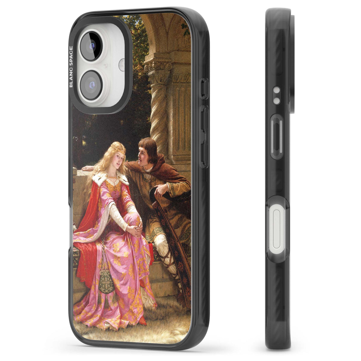 The End of the Song classic art iPhone case featuring a medieval lady in pink gown and her knight in a stone archway | Black Impact Magsafe case for iPhone 16, iPhone 16 Plus