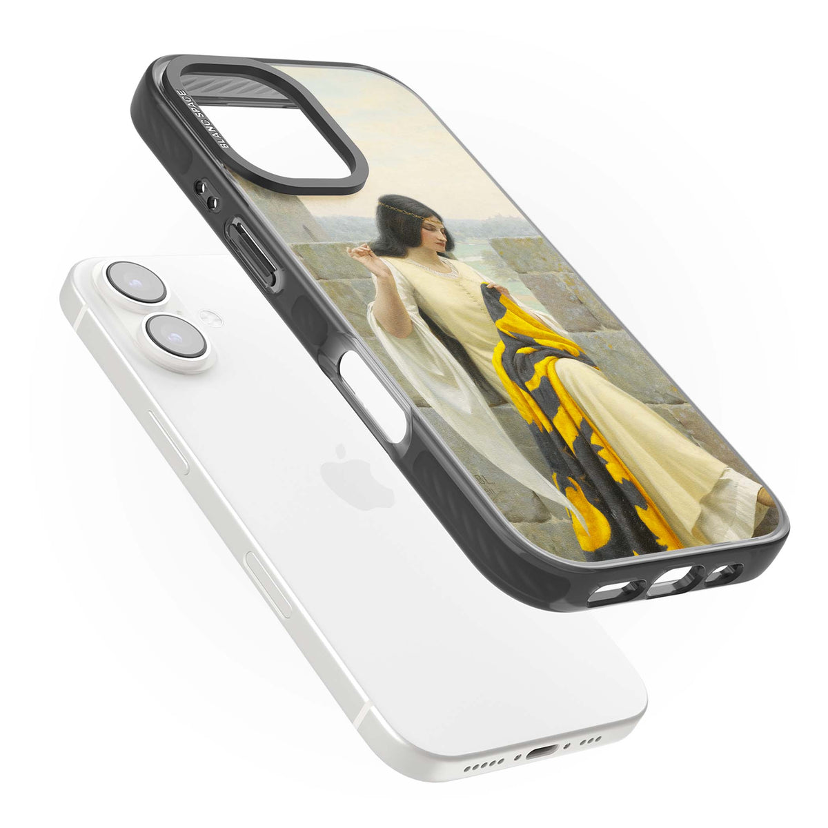 Stitching the Standard renaissance art iPhone case featuring a medieval lady sewing a golden banner on a castle wall | Black Impact Magsafe case for iPhone 16, iPhone 16 Plus